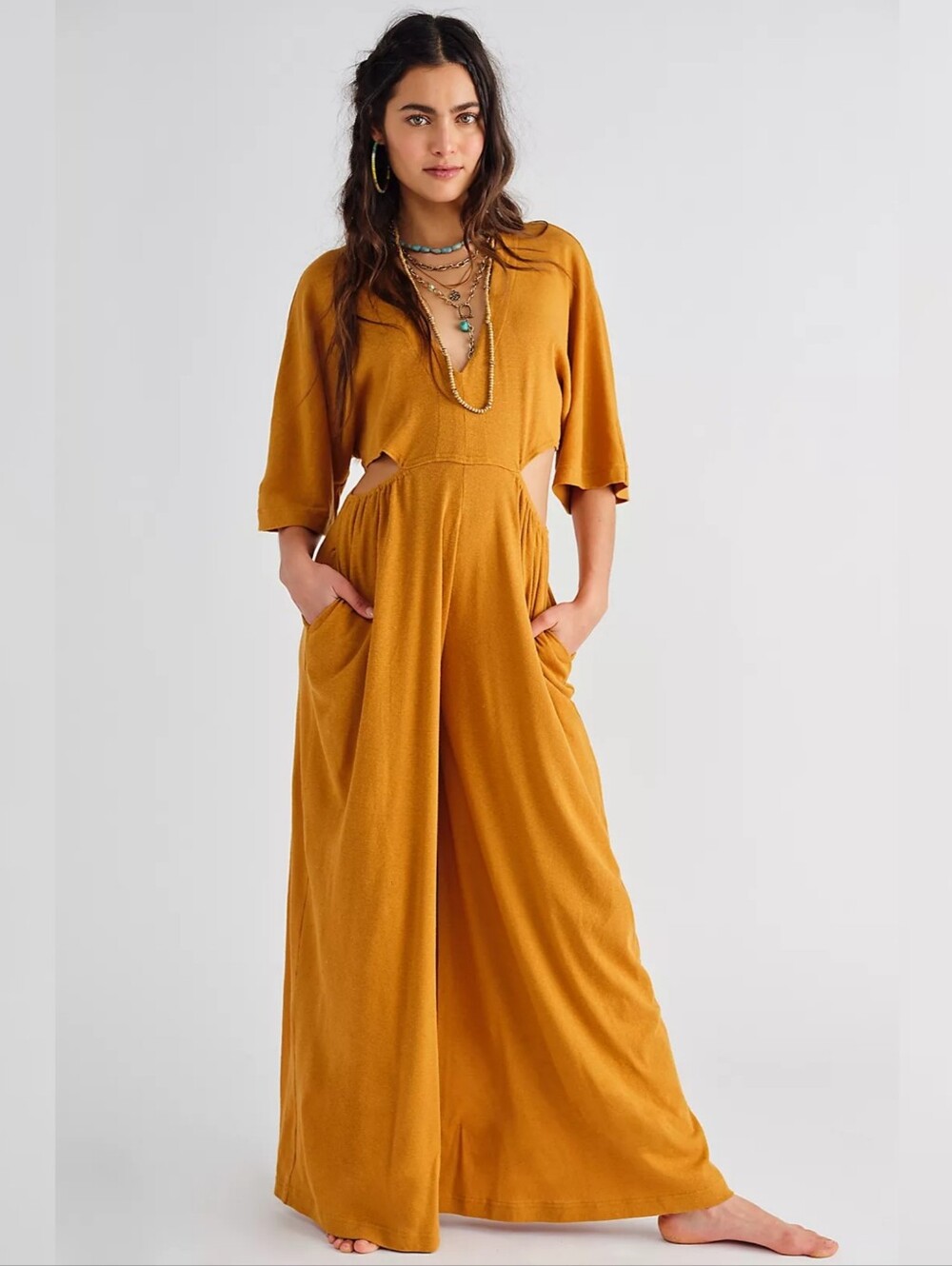 Free People Ready To Go One-Piece Wide Leg Jumpsuit Gold Women's Size Large
